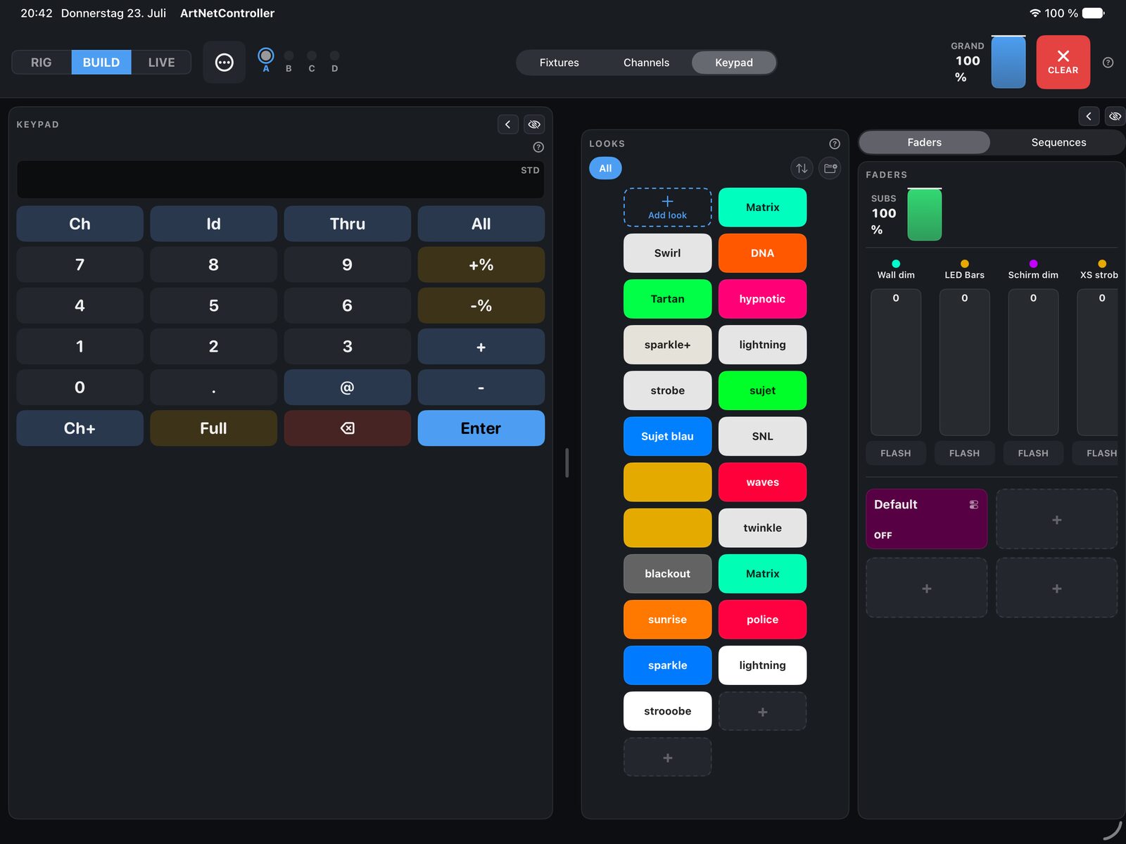 The BUILD room — a grid of recorded looks with faders and sequences